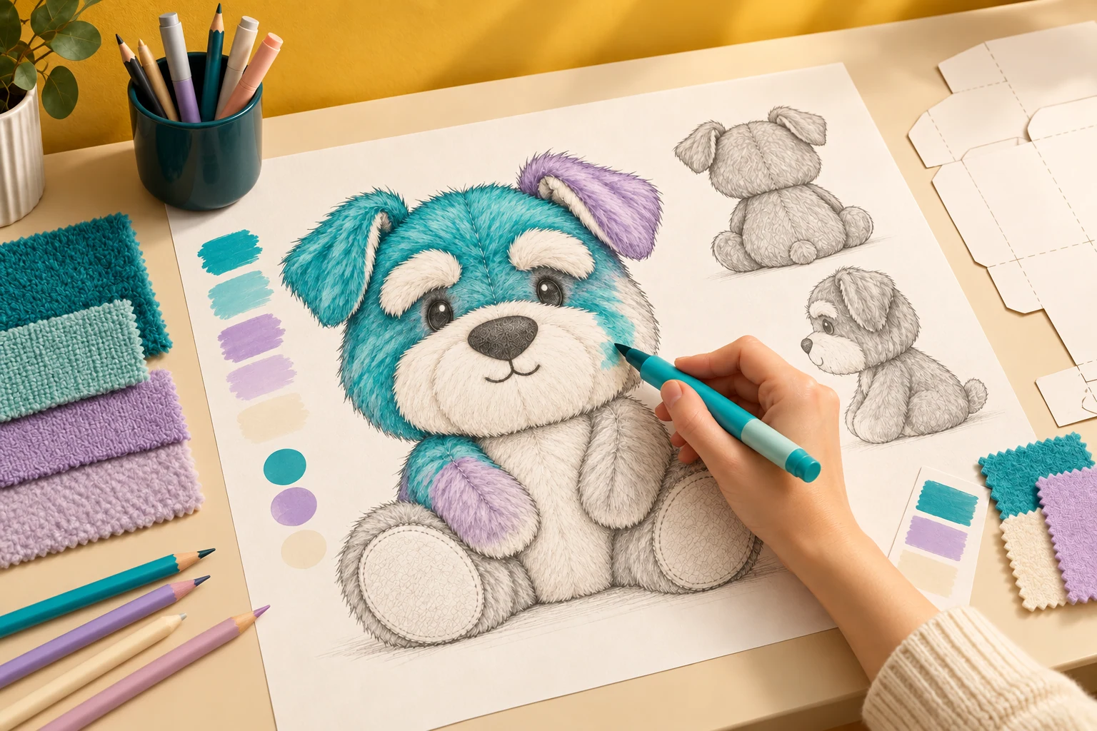 A female designer coloring a schnauzer toy sketch halfway in turquoise and lavender