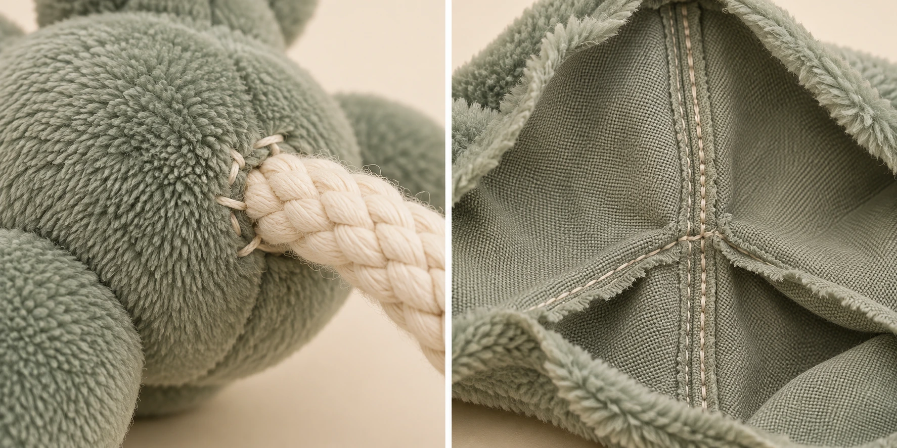 Additional hand stitching secures rope where it passes through the toy. Illustrative construction detail.