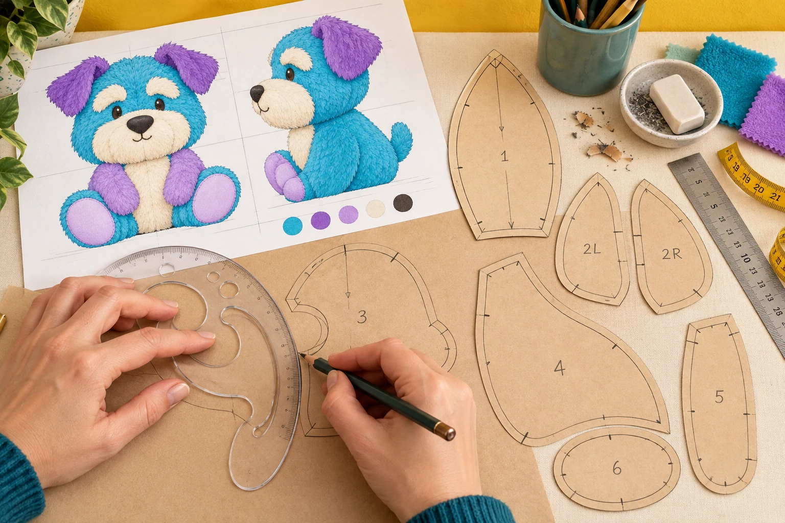 Pattern maker drafting paper templates by hand with a pencil and French curve