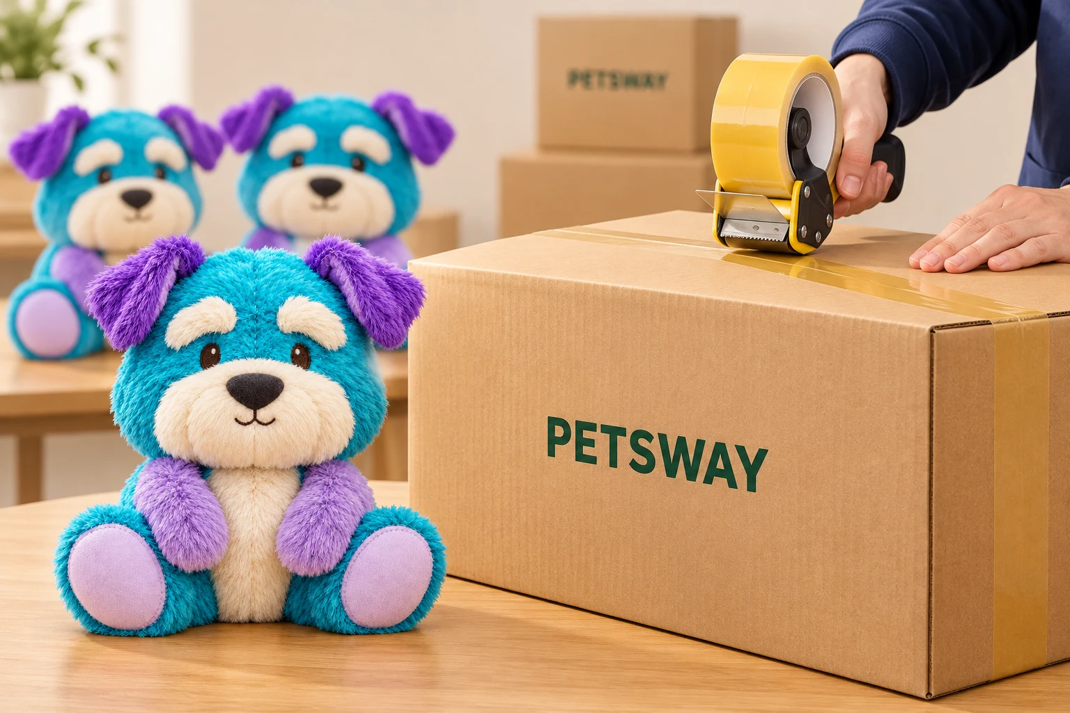 Blue and purple schnauzer plush toys ready for dispatch while a worker seals shipping cartons — AI-created illustration