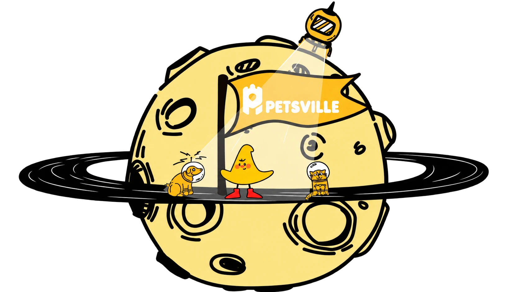 PETSVILLE hand-drawn planet with its dog, cat and star adventurers