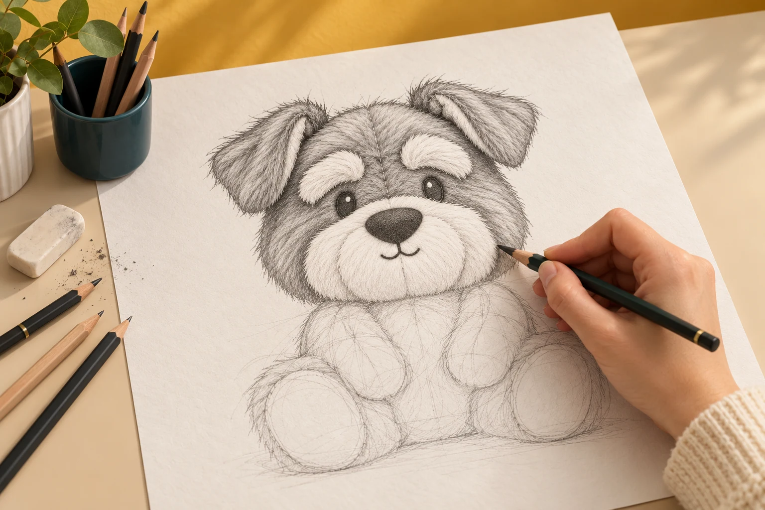 A female designer drawing a half-finished schnauzer toy concept in graphite